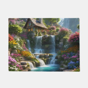 Friedliche Berghütte Wasserfälle Blumen Fußmatte