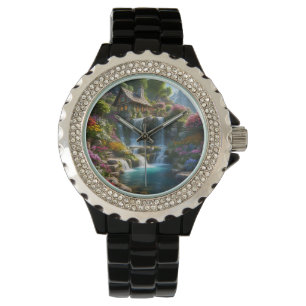 Friedliche Bergkabinen Wasserfälle Blume Armbanduhr