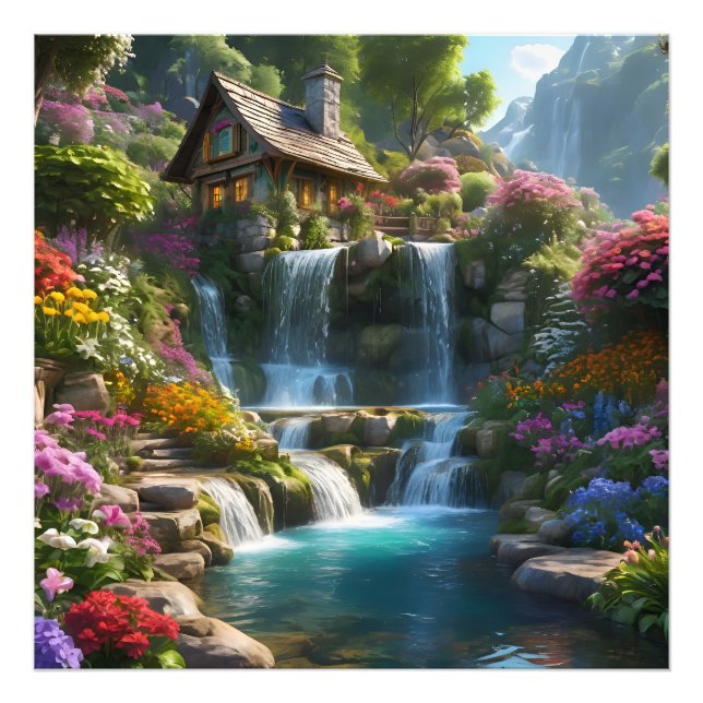 Friedliche Bergkabinen Wasserfälle Blume Fotodruck (Vorne)