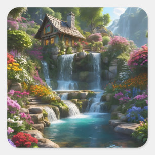Friedliche Bergkabinen Wasserfälle Blume Quadratischer Aufkleber