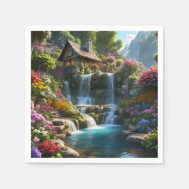 Friedliche Bergkabinen Wasserfälle Blume Serviette (Vorderseite)