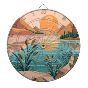 Friedliche Bergsee-Sonnenuntergangslandschaft Dartscheibe
