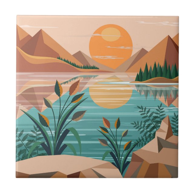 Friedliche Bergsee-Sonnenuntergangslandschaft Fliese (Vorderseite)