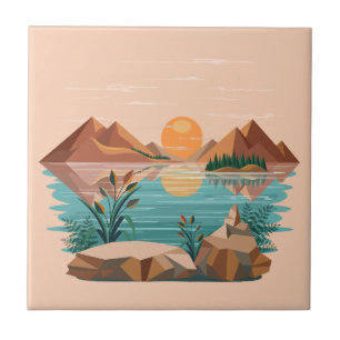 Friedliche Bergsee-Sonnenuntergangslandschaft Fliese