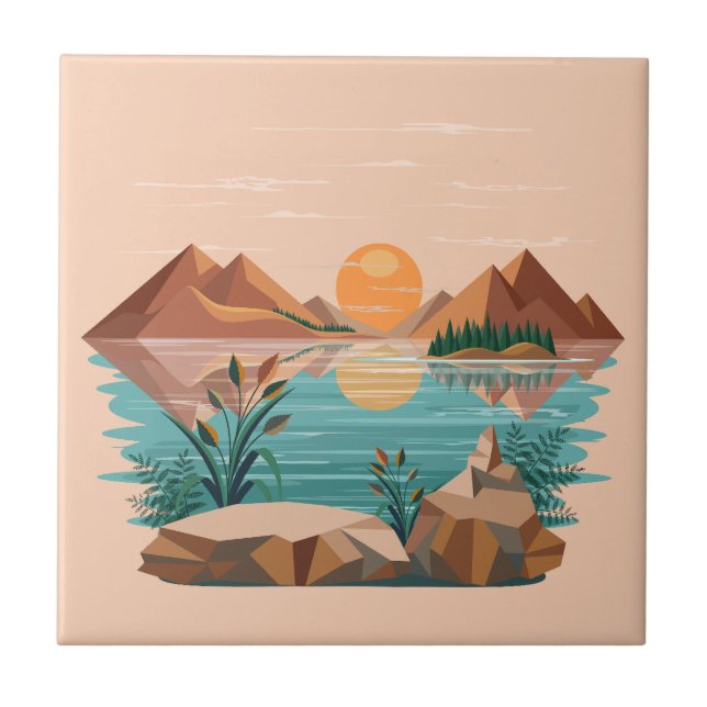Friedliche Bergsee-Sonnenuntergangslandschaft Fliese (Vorderseite)