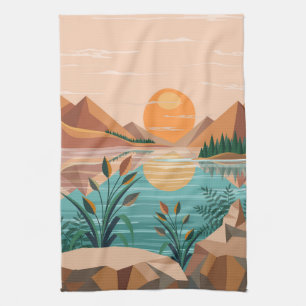 Friedliche Bergsee-Sonnenuntergangslandschaft Geschirrtuch