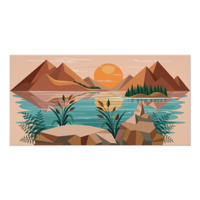 Friedliche Bergsee-Sonnenuntergangslandschaft Poster (Vorderseite)