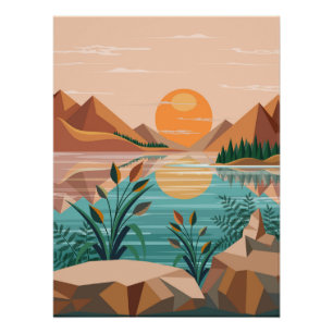 Friedliche Bergsee-Sonnenuntergangslandschaft Poster
