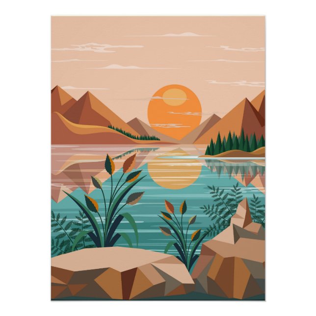 Friedliche Bergsee-Sonnenuntergangslandschaft Poster (Vorderseite)
