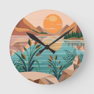 Friedliche Bergsee-Sonnenuntergangslandschaft Runde Wanduhr
