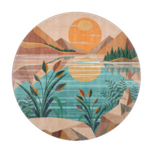 Friedliche Bergsee-Sonnenuntergangslandschaft Schneidebrett