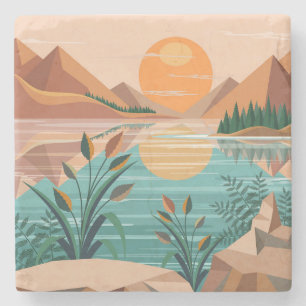 Friedliche Bergsee-Sonnenuntergangslandschaft Steinuntersetzer