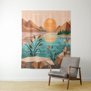 Friedliche Bergsee-Sonnenuntergangslandschaft Wandteppich