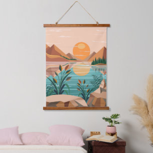 Friedliche Bergsee-Sonnenuntergangslandschaft Wandteppich Mit Holzrahmen