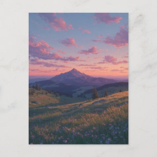 Friedliche Bergwiese bei rosafarbenem Sonnenunterg Postkarte