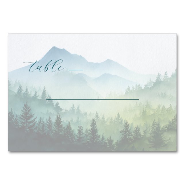 Friedliche blaue Aquarell-Berglandschaft Tischnummer (Vorderseite)
