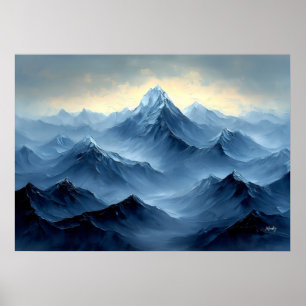Friedliche blaue Berggipfel im Abstrakten Ölstil Poster