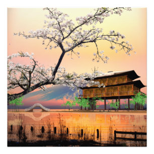 Friedliche Blüte: Sonnenuntergang über einem japan Fotodruck