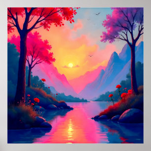 Friedliche Fantasy-Sonnenuntergangs-Fluss-Berg-Lan Poster