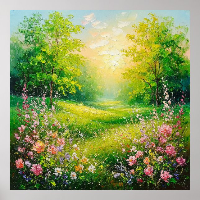 Friedliche Frühlingslandschaft mit üppiger Vegetat Poster (Vorne)