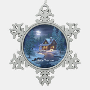 Friedliche Hütte im Winterwald Schneeflocken Zinn-Ornament