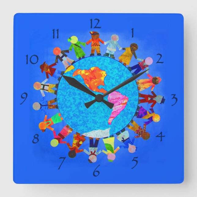 Friedliche Kinder um die Weltwand-Uhr Quadratische Wanduhr (Vorderseite)
