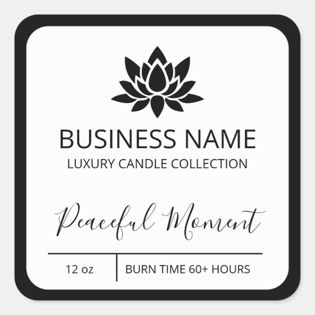 Friedliche Lotus Black Border Soy Candle Labels Quadratischer Aufkleber (Vorderseite)