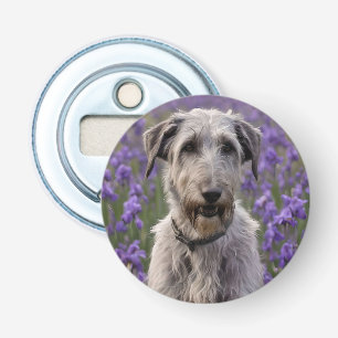 Friedliche Majestät: Wolfshund auf violettem Iris- Flaschenöffner