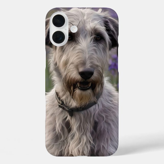 Friedliche Majestät: Wolfshund auf violettem Iris- iPhone 16 Plus Hülle (Rückseite)