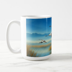 Friedliche Naturseelandschaft mit fliegenden Krani Kaffeetasse