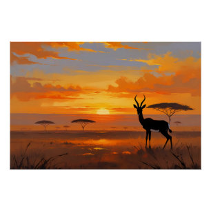 Friedliche Savannen-Sonnenuntergang – Wildnis-Land Poster