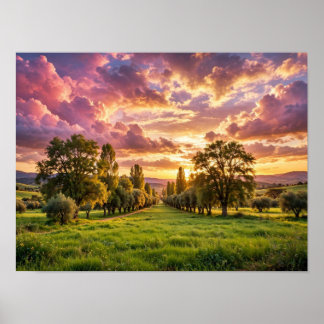 Friedliche Schafe beim Grasen bei Sonnenuntergang Poster