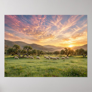 Friedliche Schafe beim Weiden bei Sonnenuntergang Poster