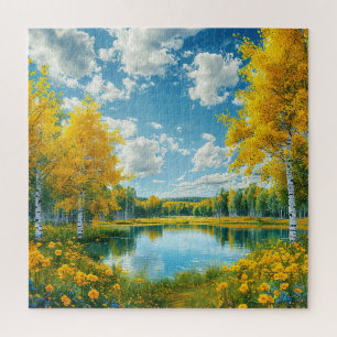 Friedliche Seenlandschaft mit gelbem Herbstbaum