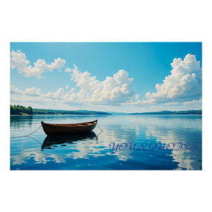 Friedliche Seenlandschaft mit Holzreihenboot Poster