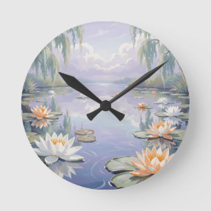 Friedliche Seerosen Teich Trauerweiden Runde Wanduhr