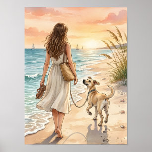 Friedliche Strandsonnenuntergang-Hund-Wasserfarben Poster