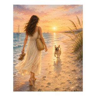 Friedliche Strandsonnenuntergangs-Hunde-Wasserfarb Fotodruck