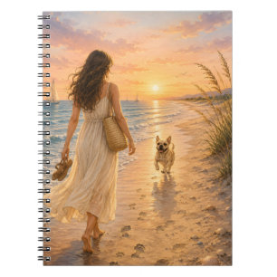 Friedliche Strandsonnenuntergangs-Hunde-Wasserfarb Notizblock