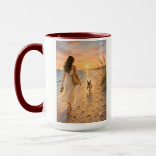 Friedliche Strandsonnenuntergangs-Hunde-Wasserfarb Tasse