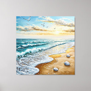 Friedliche Strandszene mit Wellen und Muscheln Leinwanddruck