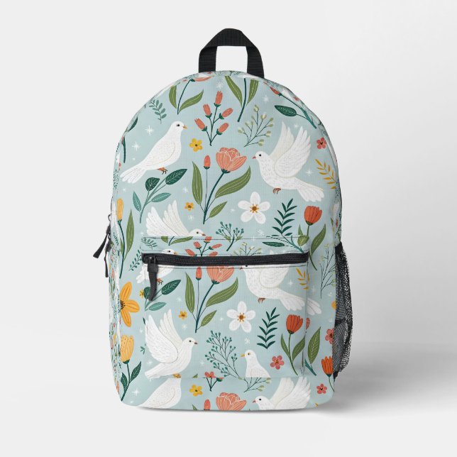 Friedliche Taube & Wildblumen-Botanik-Muster Bedruckter Rucksack (Vorderseite)