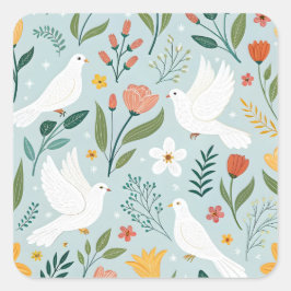 Friedliche Taube & Wildblumen Botanisches Nahtlose Quadratischer Aufkleber