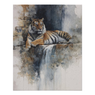 Friedliche Tiger-Wasserfarben-Kunst an Steinwand Poster