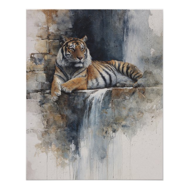 Friedliche Tiger-Wasserfarben-Kunst an Steinwand Poster (Vorderseite)
