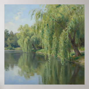 Friedliche Trauerweiden-Teich-Landschaft Poster