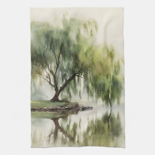 Friedliche Weidenbaum-Reflexion Naturkunst (12) Geschirrtuch