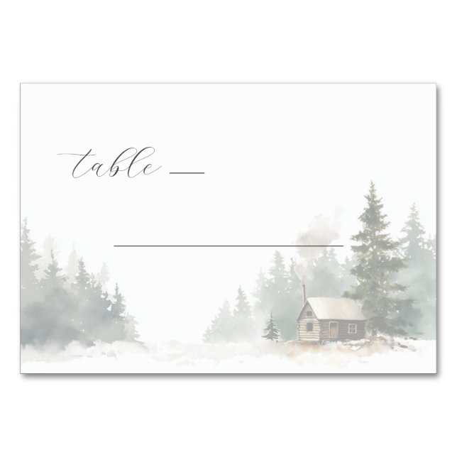 Friedliche Winter-Wasserfarben-Hüttenszene Tischnummer (Vorderseite)