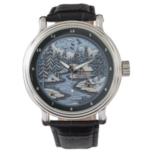 Friedliche Winterhütte am frostigen Fluss Armbanduhr