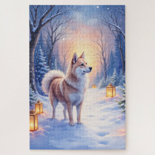 Friedlicher Akita auf Schneelaternenweg Weihnachts
